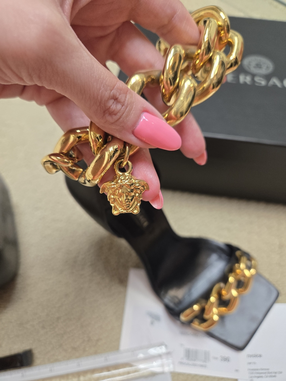Versace Black Leather Chain-Embellished High Heel Sandals - Picture 5 of 5